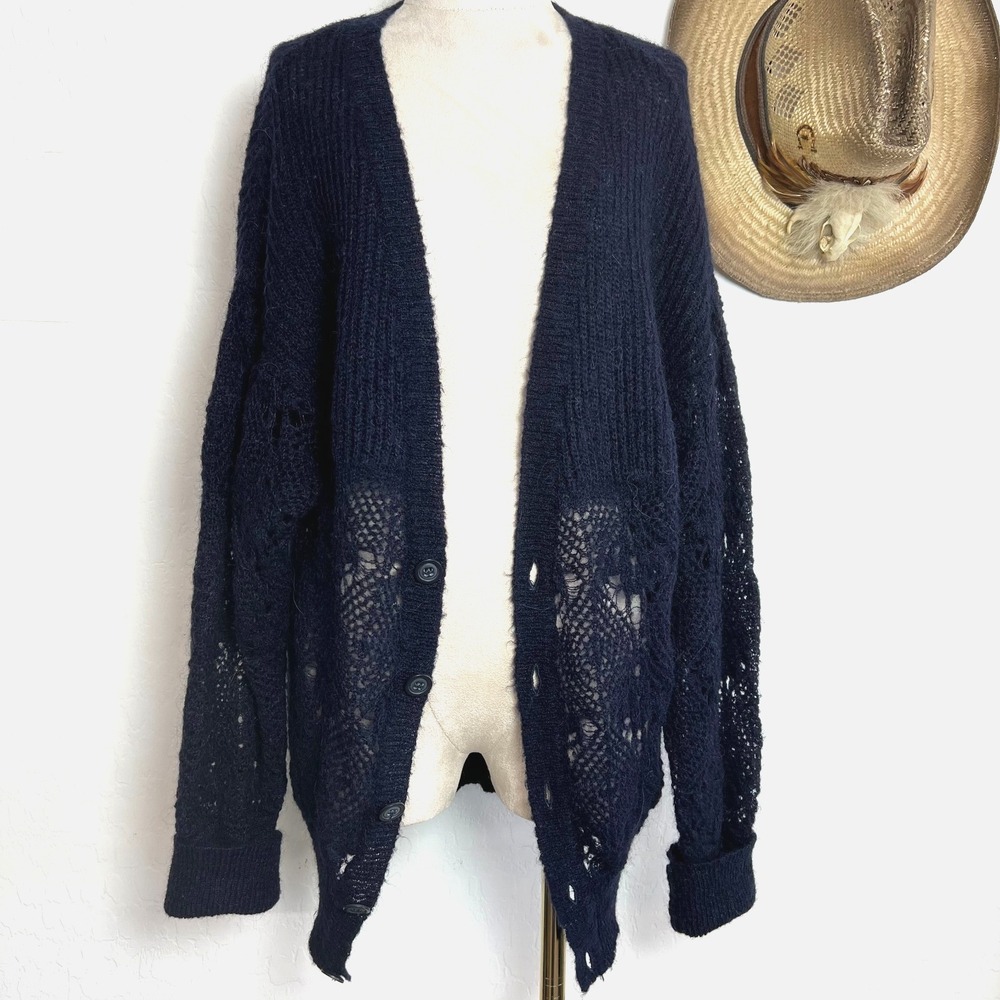Diesel Mohair Wool Blend Cardigan Sweater sz L Navy Open Stitch Knit Grunge